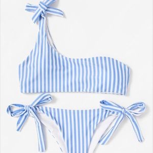 blue and white stripped bikini set